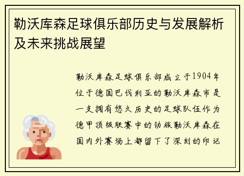 勒沃库森足球俱乐部历史与发展解析及未来挑战展望