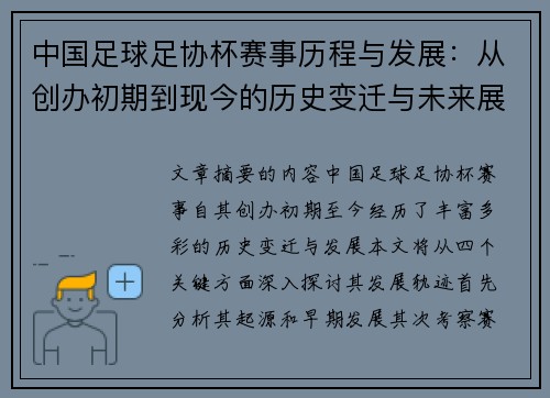 中国足球足协杯赛事历程与发展：从创办初期到现今的历史变迁与未来展望