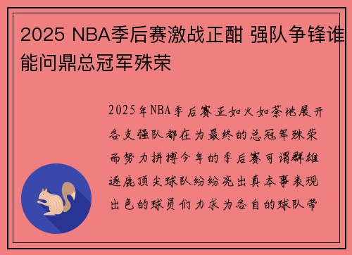 2025 NBA季后赛激战正酣 强队争锋谁能问鼎总冠军殊荣