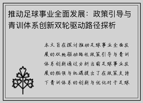 推动足球事业全面发展：政策引导与青训体系创新双轮驱动路径探析