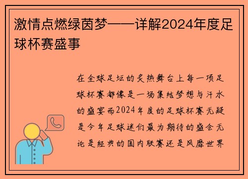 激情点燃绿茵梦——详解2024年度足球杯赛盛事