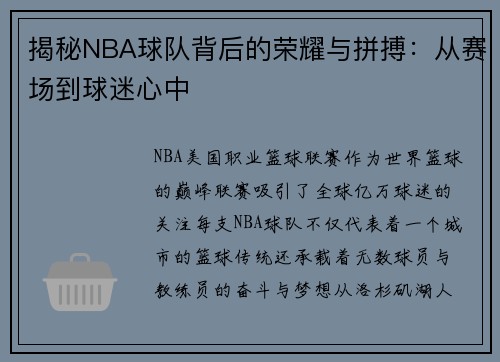 揭秘NBA球队背后的荣耀与拼搏：从赛场到球迷心中