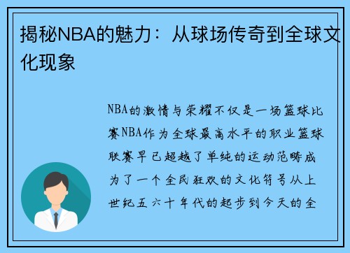 揭秘NBA的魅力：从球场传奇到全球文化现象