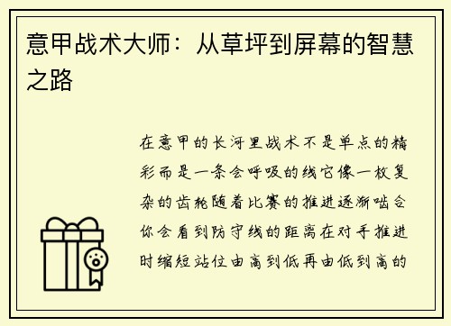 意甲战术大师：从草坪到屏幕的智慧之路